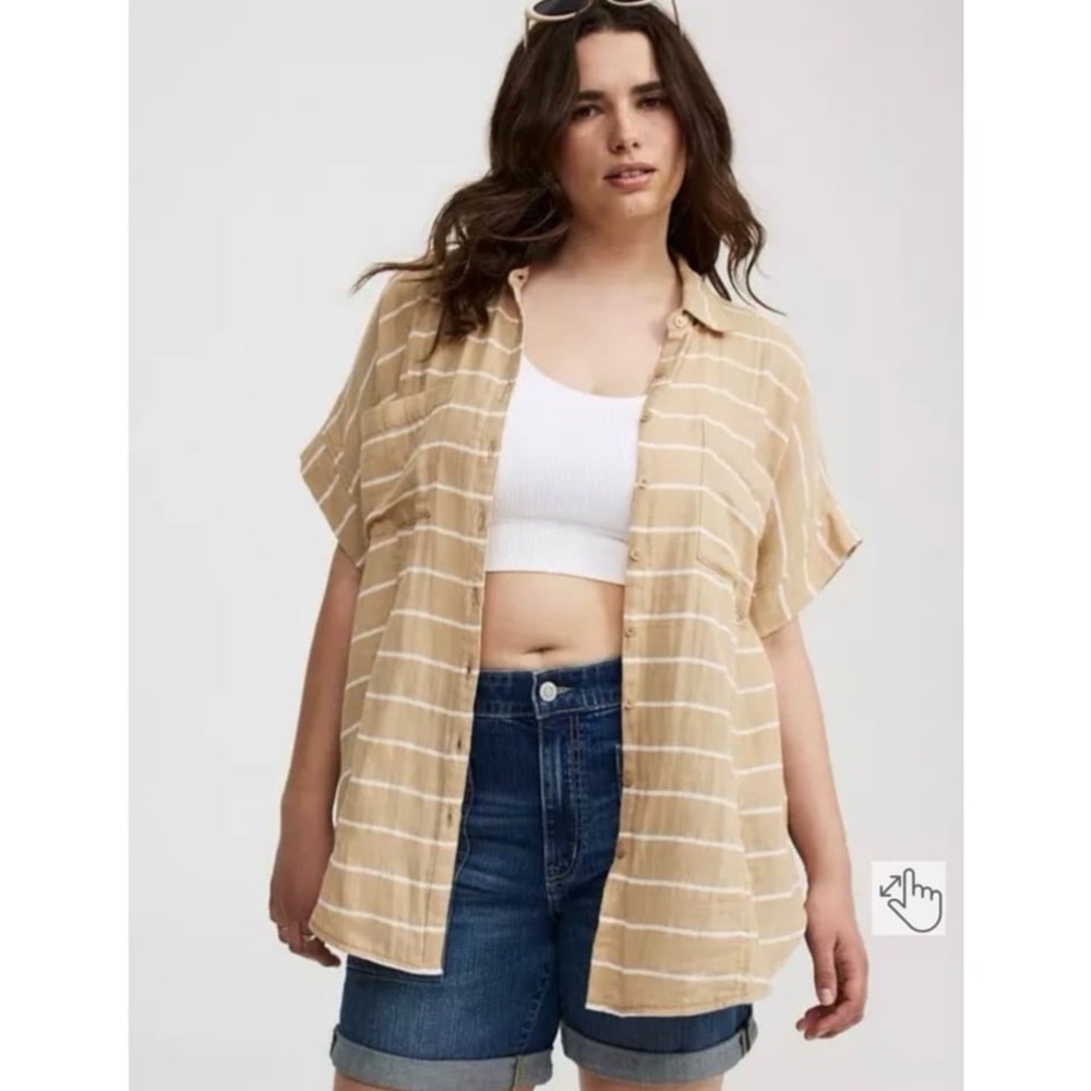 Torrid‎ Striped Dolman Button Up Shirt Tan White Gauze Relaxed Women's 4 NWT